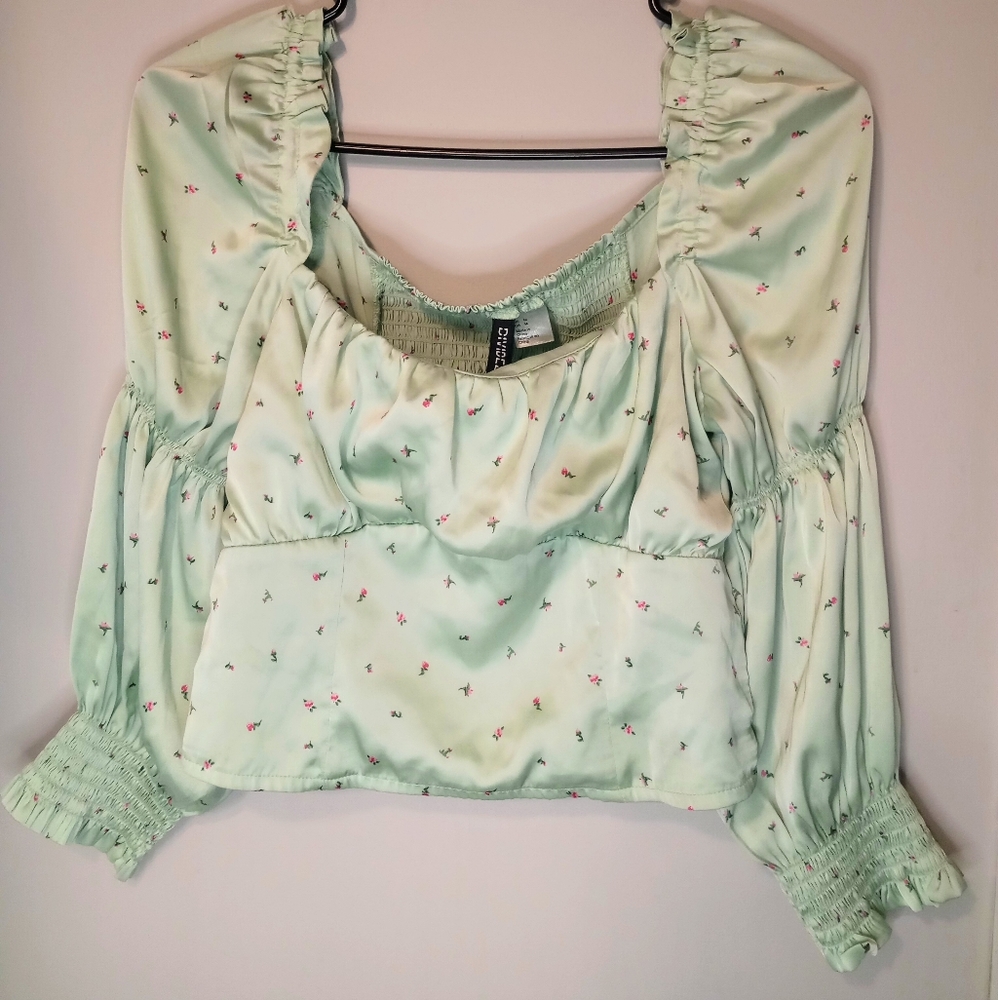 H&M Divided Pastel Green Floral Print Silk Square Neck Crop Top